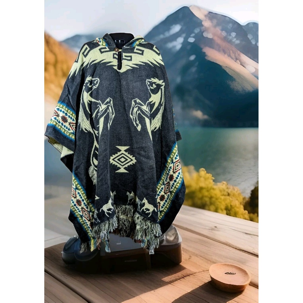 Hooded Poncho Horse Western Reversible Wool Alpaca Boho Hippie Cowboy Lagenlook